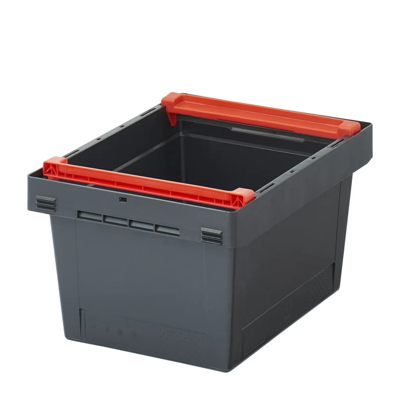 Mehrwegbehälter MB Eco aus Recyclingmaterial, mit montierten, schwenkbaren Stapelbügeln