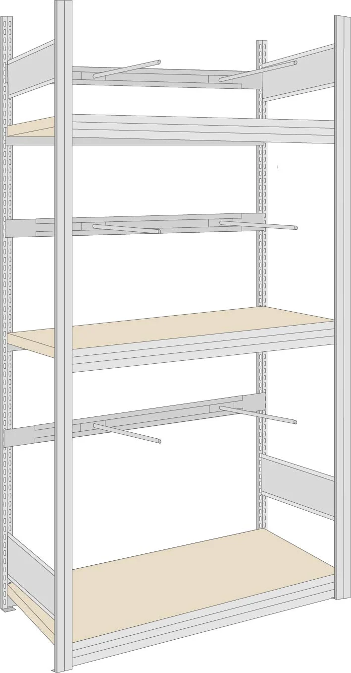 Schilderregal mit Tiefenriegel und Holzpaneele