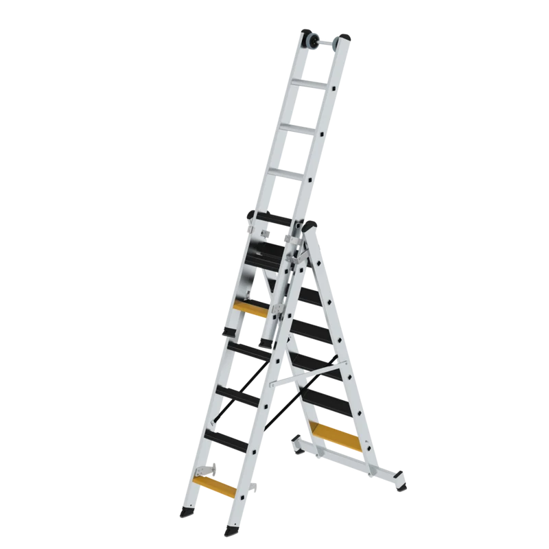 Stufen-Mehrzweckleiter 3-teilig mit Nivello®-Traverse & Clip-Step – robuste Aluminiumleiter