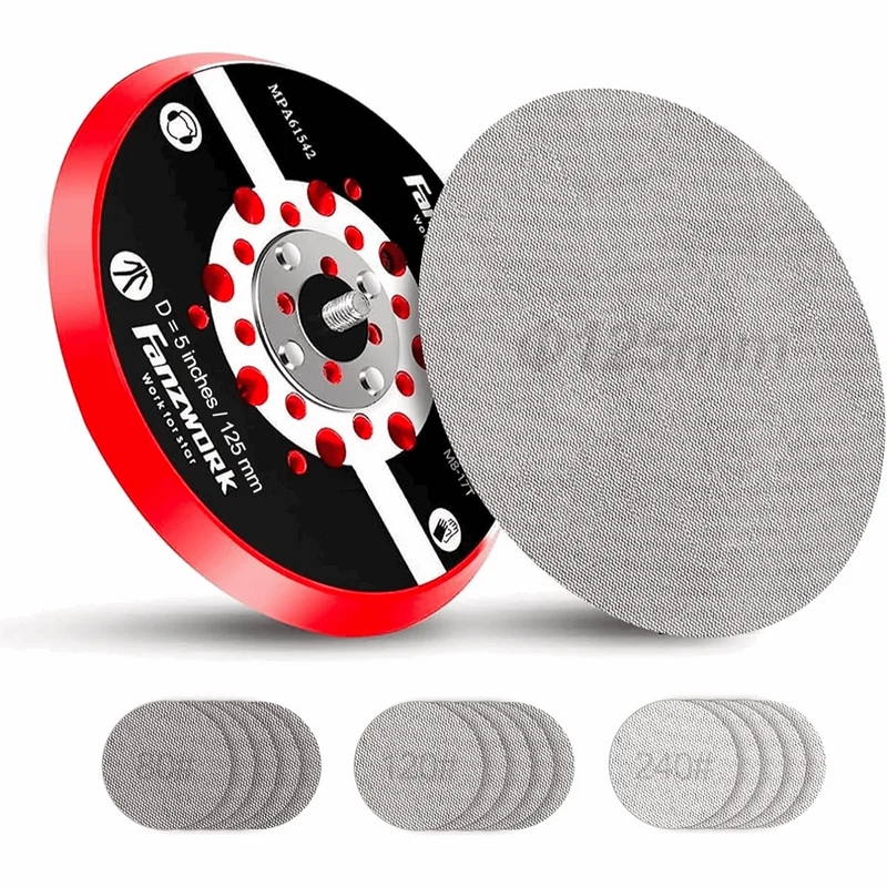 FANZWORK Klett-Schleifteller für Exzenterschleifer Ø 125mm | 5/16 Zoll UNF Außengewinde | Inklusiv Schleifgitter 80/120/240 Körnung je 5 Stk.