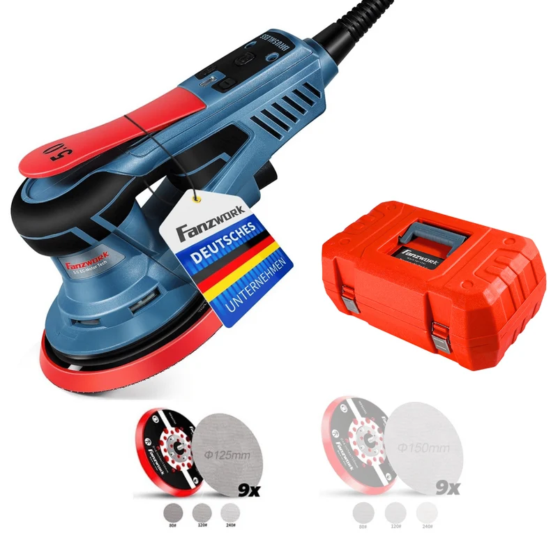 Neuwertig - 49E FANZWORK Exzenterschleifer 5mm Schleifhub mit 125/150 mm Schleifteller Klett. 350W bürstenlosen EC-Motor, inkl. Tragkoffer