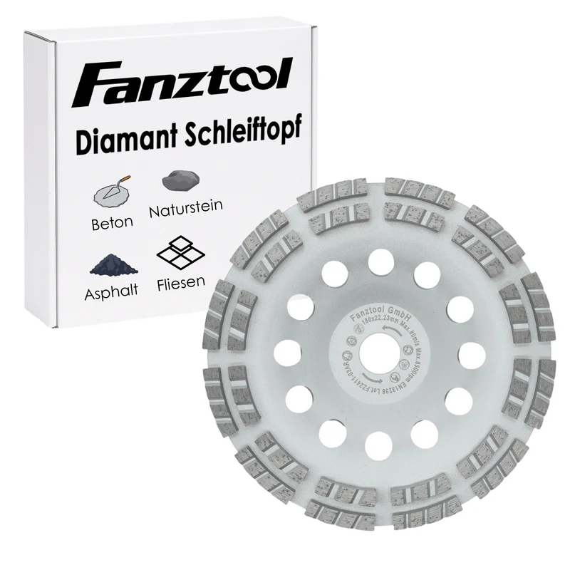 FANZTOOL Premium Diamant-Schleiftopf Abrasiv 150 mm x 22,2 mm Schleifteller Estrich, Asphalt, Putz, abrasive Baustoffe, TURBO-STAUBSAUGUNG-EFFEKT