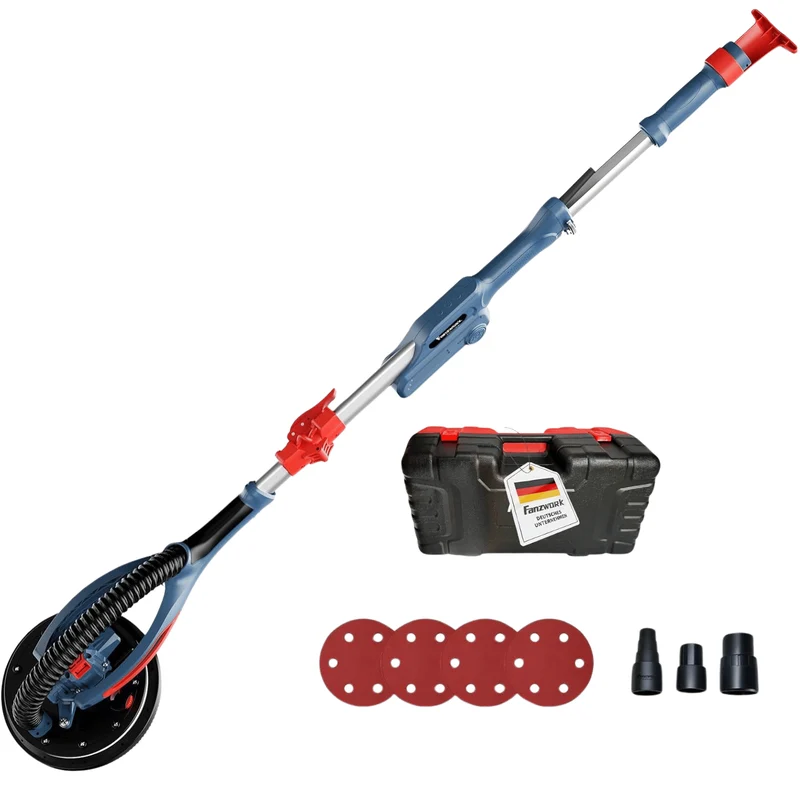 FANZWORK Trockenbauschleifer mit Bürstenlosem EC-Motor 900W, ULTRA-Leicht, 225mm Schleifgiraffe, bis 2300 U/min, Länge bis 1,9m, inkl. LED, 3,8m Kabel, Schleifscheiben, Sauger-Adapter, Tragkoffer