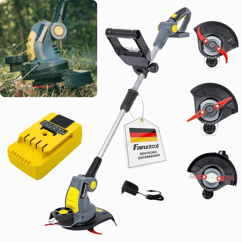 Gebraucht - FANZTOOL Akku Rasentrimmer 20V, inkl. 2Ah Akku, Ladegerät, Gerade Messer für Glatt- und Feinschnitt Und gekrümmte Messer mit Zähnen für Grobschnitt