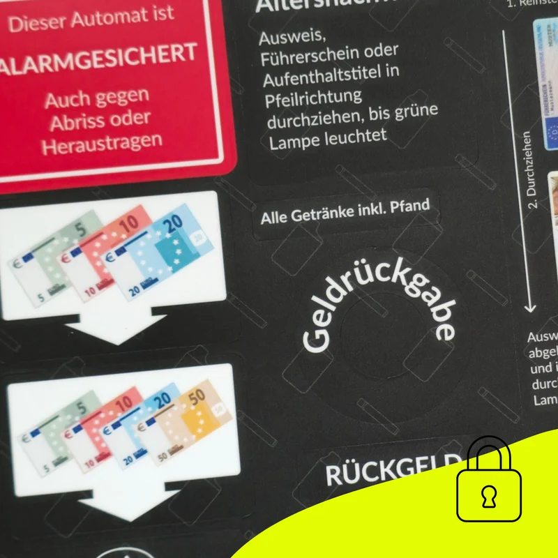 Stickerbogen Komplettset Snackautomat Indoor/Outdoor mit UV- Schutzlaminat